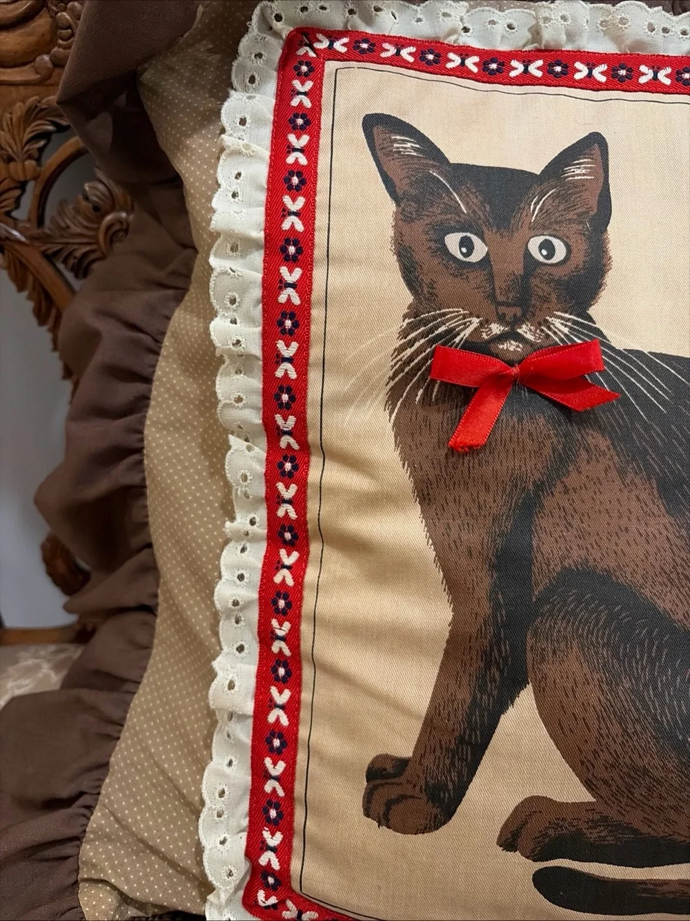 Vintage Cross Stitch Cat Pillow Brown Print 14x14 GrannyCore Cottage Kitty throw